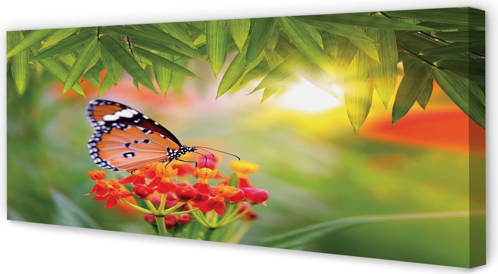 Leinwandbild 125x50 Wandkunst Bunte Schmetterlinge Blumen