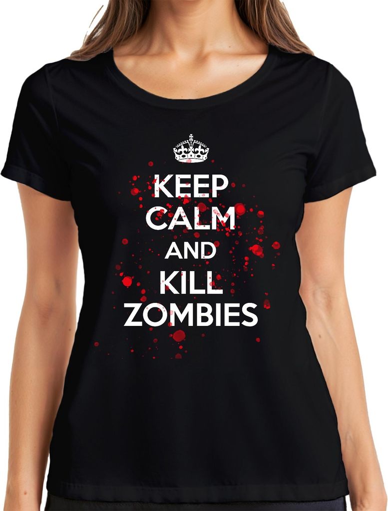 KEEP CALM KILL ZOMBIES Zombie Apokalypse Halloween Horror Blut Damen T-Shirt, Schwarz, M