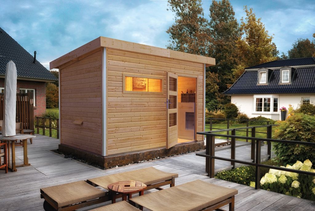 Karibu Saunahaus Außensauna Gartensauna Skrollan 2 unbehandelt Ofen 9 KW externe Strg easy 38mm Massivholz 336x231x227 cm mit Moderne Tür