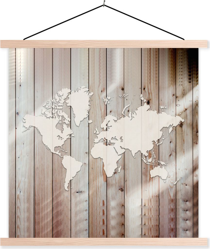 MuchoWow Textilposter Weltkarte - Weiß - Holz 120x120 cm mit holzfarbenen Rahmen - Textil-Poster