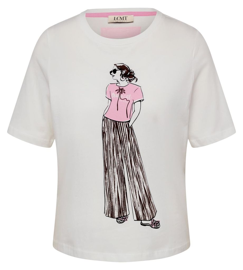 T-Shirt mit Figur-Print, Rundhals, kurzen Ärmeln, aus reiner Baumwolle, Weiß, Größe 40
