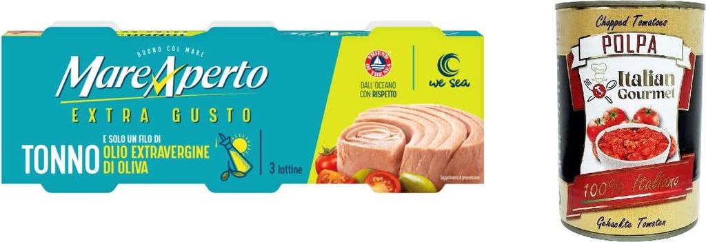 3x Mare Aperto Extra gusto Tonno Thunfisch mit Natives Olivenöl extra Thunfisch konserven wilder Thunfisch 180g (3x60g) + Italian Gourmet polpa 400g