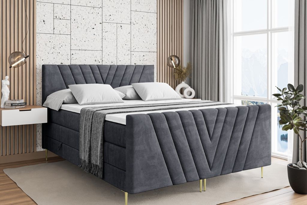 ALTDECOR Boxspringbett mit Gold Füßen, Matratze und Lattenrost, Topper, Fußteil, Polsterbett mit Bettkasten, Bett mit Stauraum H3- und H4- Matra...