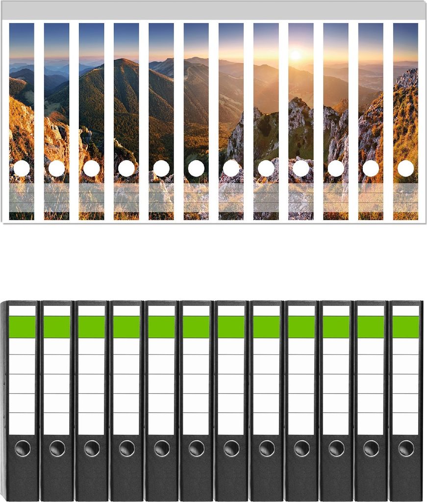 Wallario 12 Stück schmale Ordner inkl. Klebeetiketten mit Motive Berglandschaft mit Sonnenuntergang in der Slowakei - Set mit Rückenschildern / ...