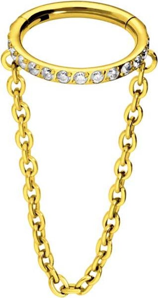 Ohrpiercing, Nasenpiercing, Septum Piercing Titan Segmentring Clicker EINGEFASSTE KRISTALLE + KETTE Gold Innendurchmesser: 8 mm