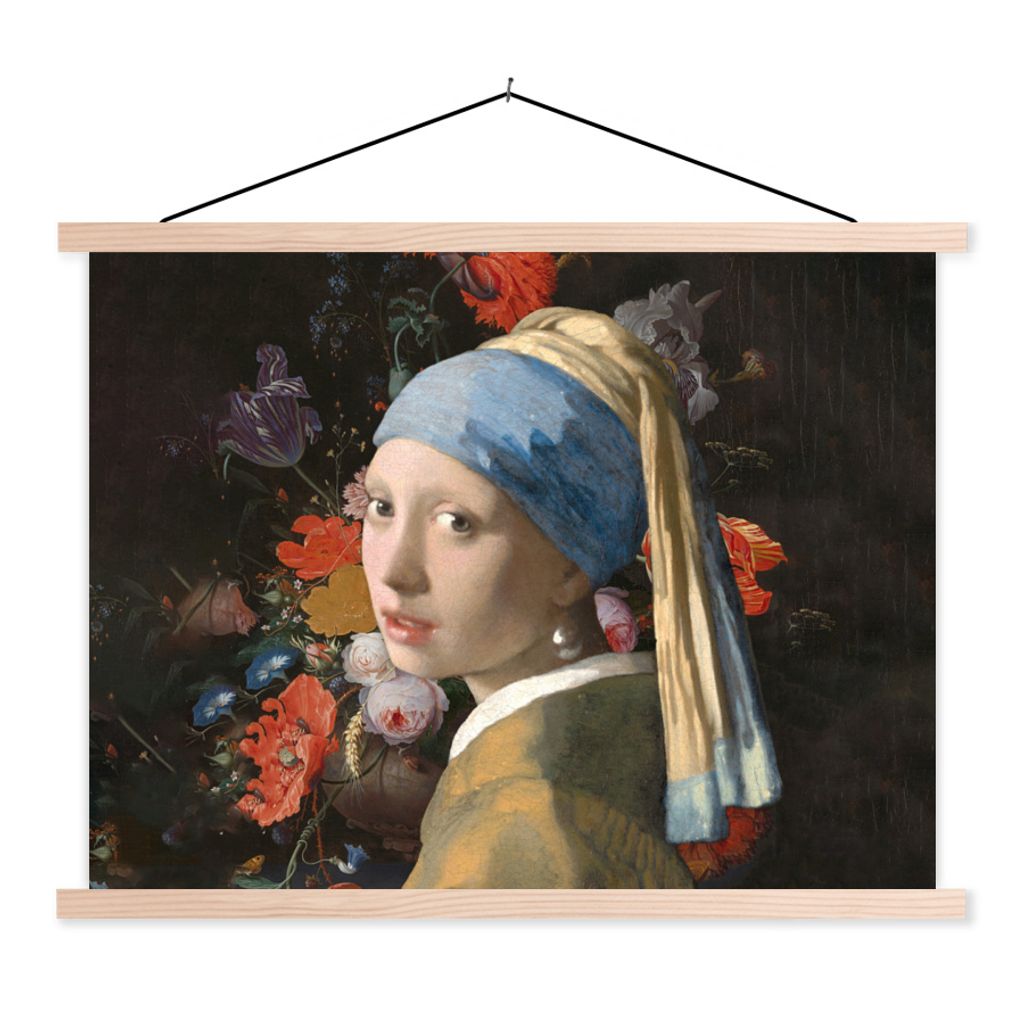 MuchoWow Textilposter Das Mädchen mit dem Perlenohrring - Vermeer - Blumen 40x30 cm mit holzfarbenen Rahmen - Bilder