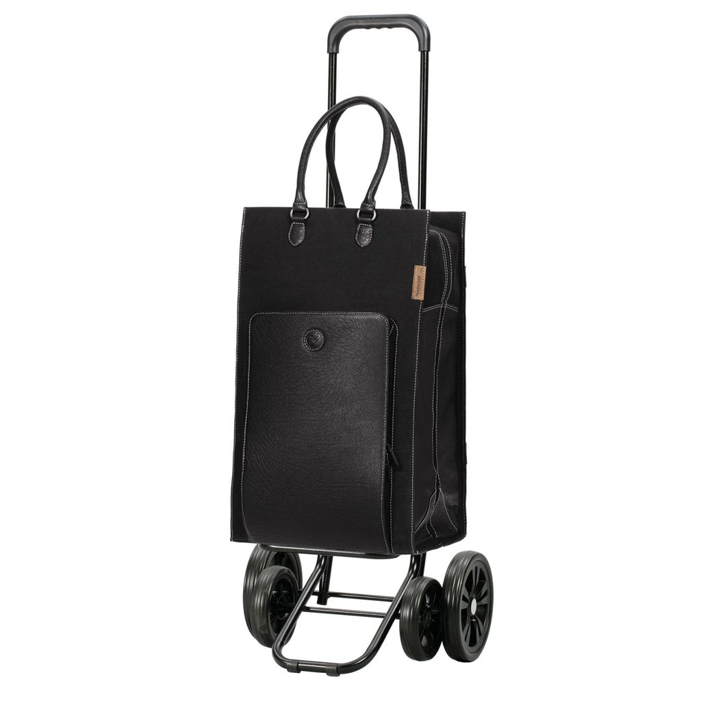 A black shopping trolley with a leather front pocket and adjustable handle, shown against a white background.