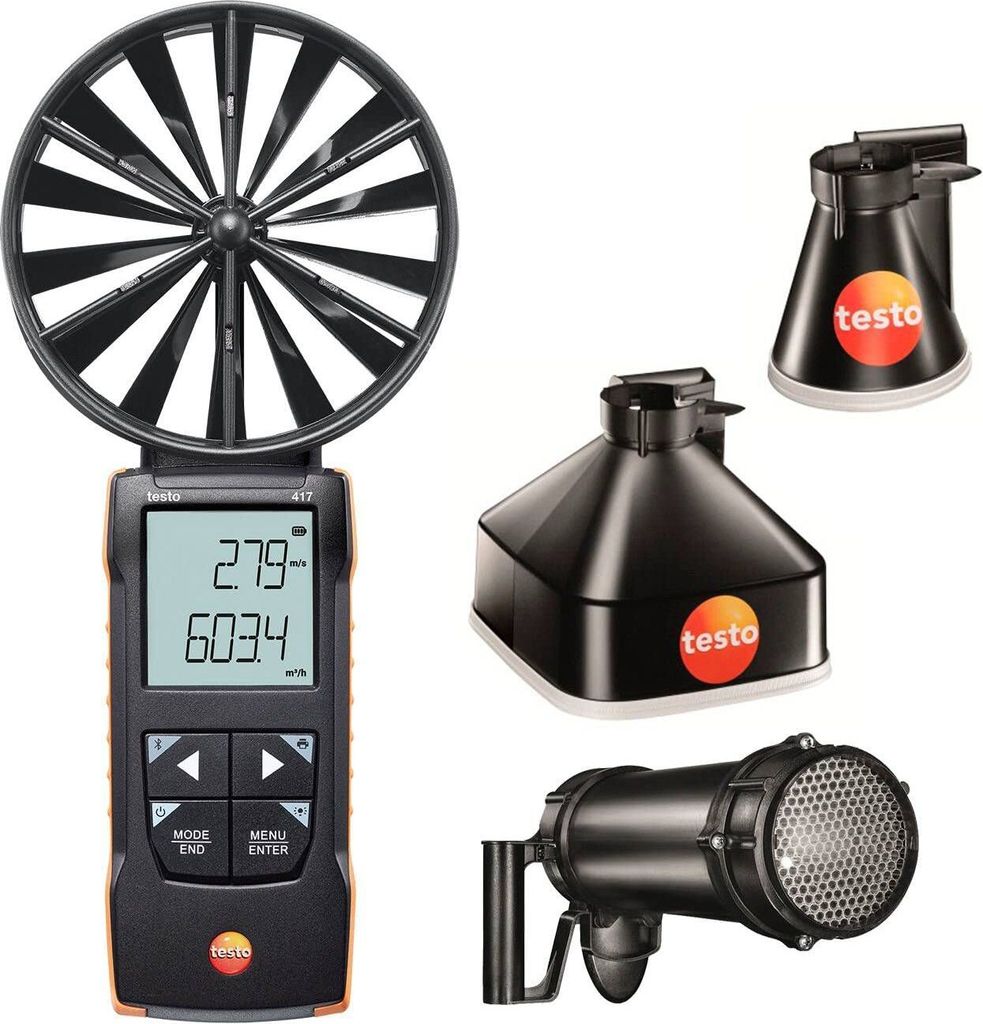 testo - 417 Set - 0563 2417 - Flügelrad-Anemometer mit Messtrichtern und Gleichrichter zur Messung von Luftgeschwindigkeit und Volumenstrom