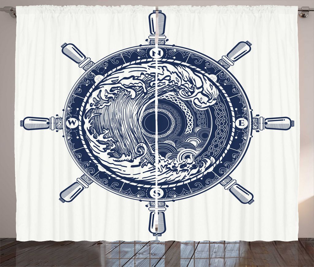 ABAKUHAUS Abenteuer Rustikaler Vorhang, Sea Compass Tsunami, Wohnzimmer Universalband Gardinen mit Schlaufen und Haken, 280 x 245 cm, Dunkelblau Weiß