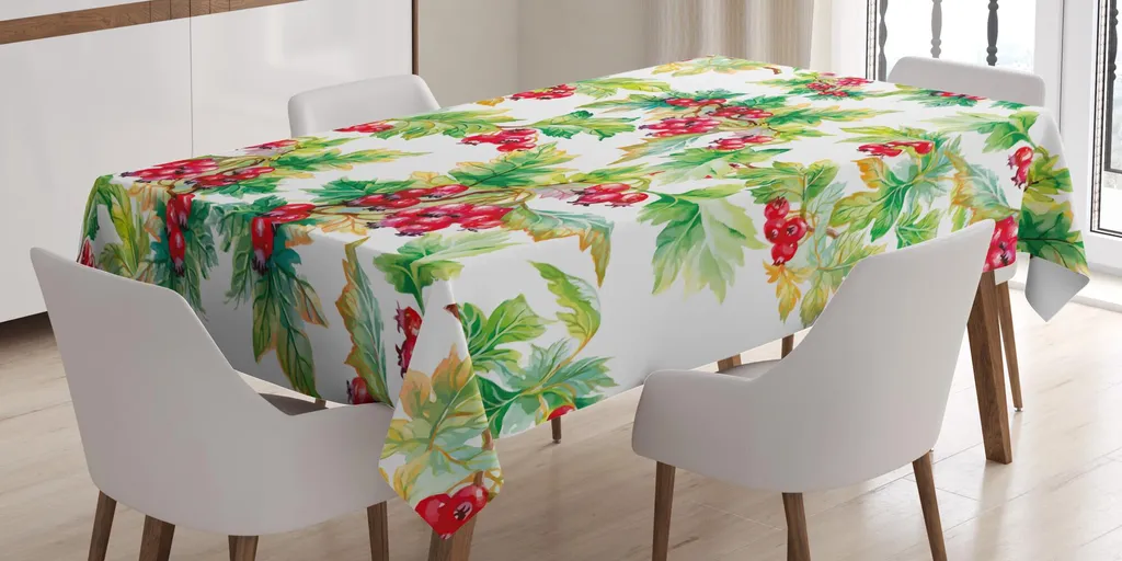 Tovaglia di sorbo ABAKUHAUS, rami artistici ad acquerello con bacche di sorbo, concetto natalizio invernale, 140 x 170 cm, verde scarlatto senape