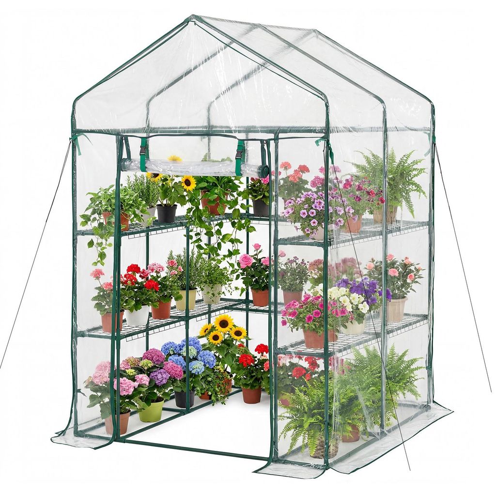 SucceBuy Gewächshaus 137x137x196 cm, Foliengewächshaus mit PVC-Abdeckung, 2 Ebenen, 10 Regalböden, Aufrollbare Tür mit Reißverschluss, Treibha...