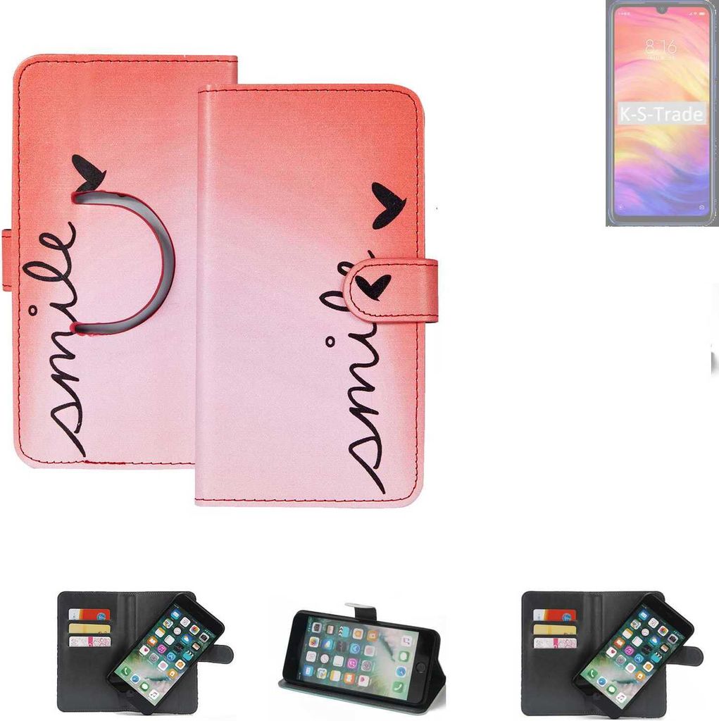 K-S-Trade Schutzhülle Handyhülle kompatibel mit Xiaomi Redmi Note 7 Pro Hülle cover bookstyle Etui ''smile'' rot Standfunktion Kameraschutz (1Stk)