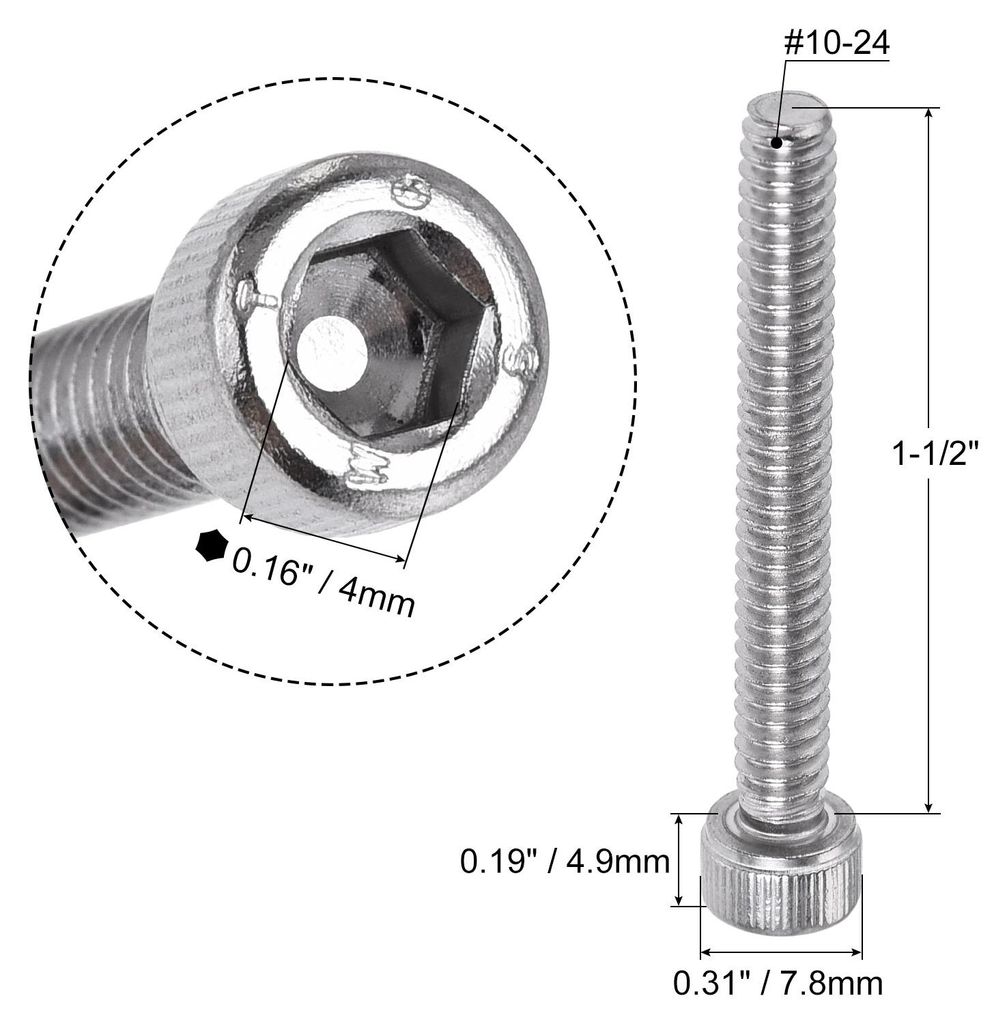 25 Stš¹ck Zylinderschrauben Innensechskant Schrauben Bolzen 304 Edelstahl Poliert #10-24x1-1/2"
