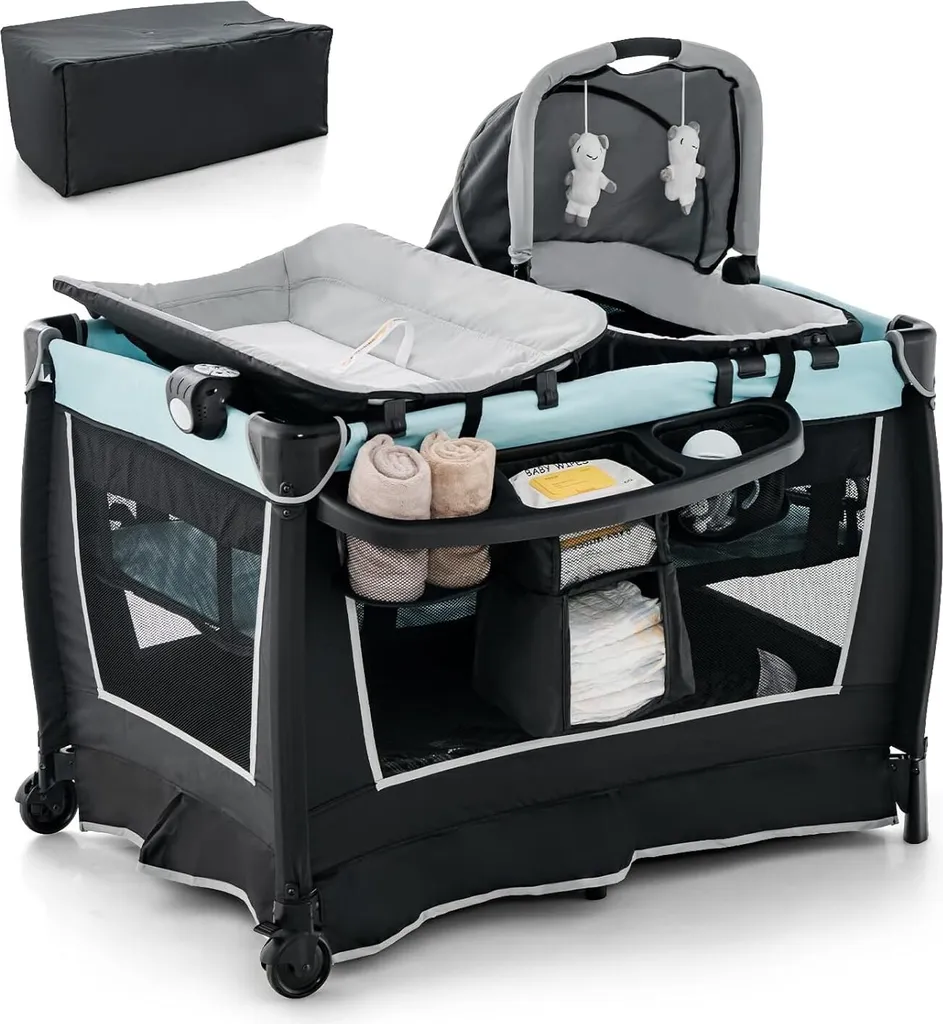 Berceau et parc bébé évolutif avec table à langer et mode balancelle gris