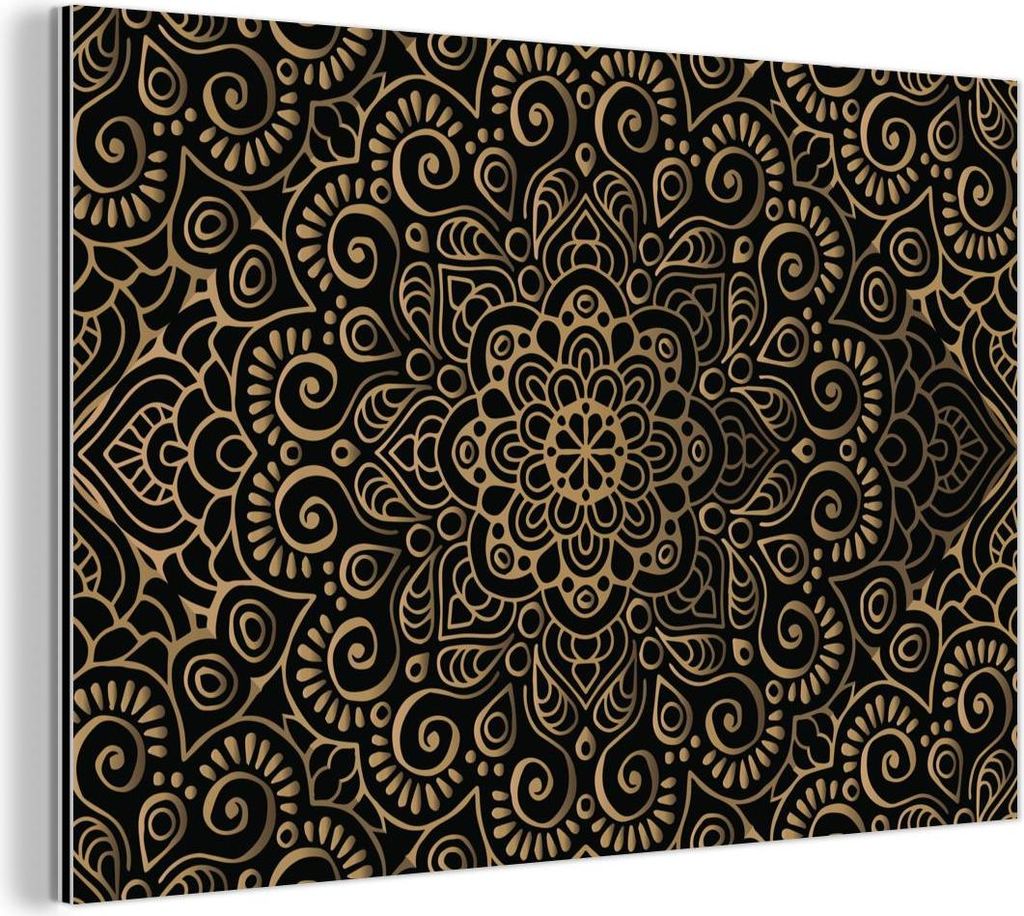 MuchoWow Wanddekoration Metall Metallbild Wandkunst 120x80 cm Goldenes Muster auf schwarzem Hintergrund MuchoWow Aluminium Gemälde - Alu Bild