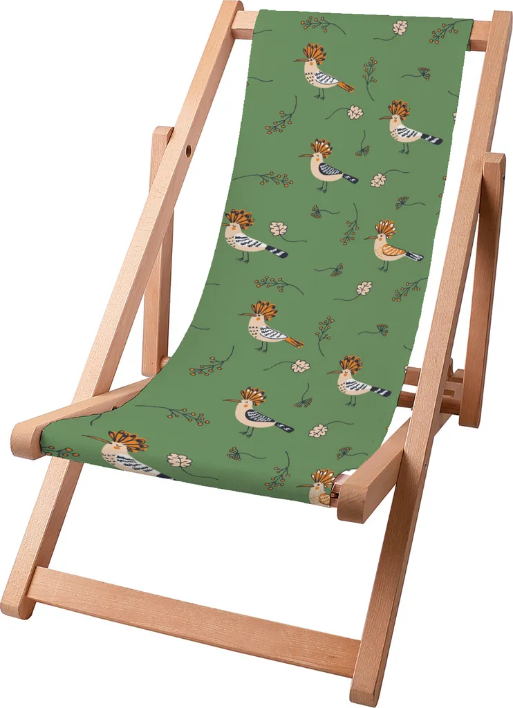 Sdraio per bambini Dreamroots pieghevole in legno fino a 130 kg, lettino prendisole pieghevole con regolazione dell'inclinazione dello schienale in 3 fasi, Uccelli e Bacche