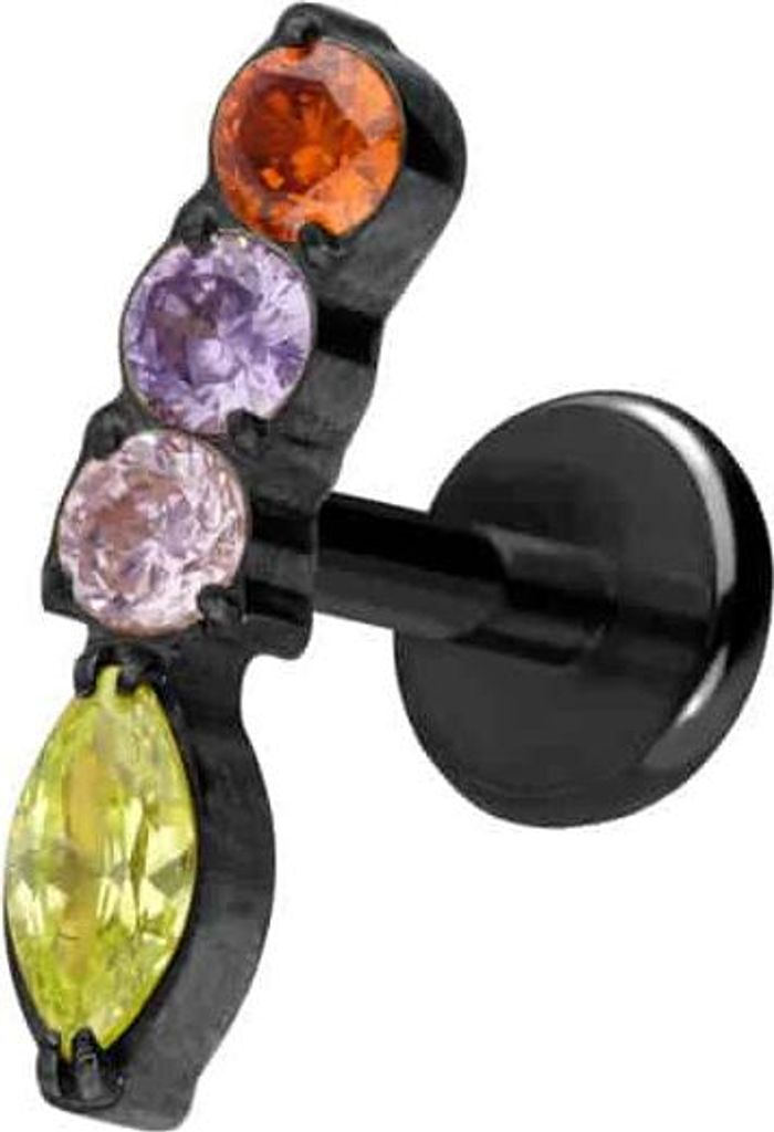 Ohrpiercing, Nasenpiercing Titan Labret mit Push Fit BUNTER KRISTALLBOGEN Schwarz Stablänge: 5mm | Stabstärke: 1mm