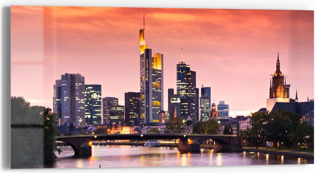 DEQORI Glasbild Echtglas 60x30 cm 'Frankfurt im Abendglanz' Wandbild Bild modern Deko