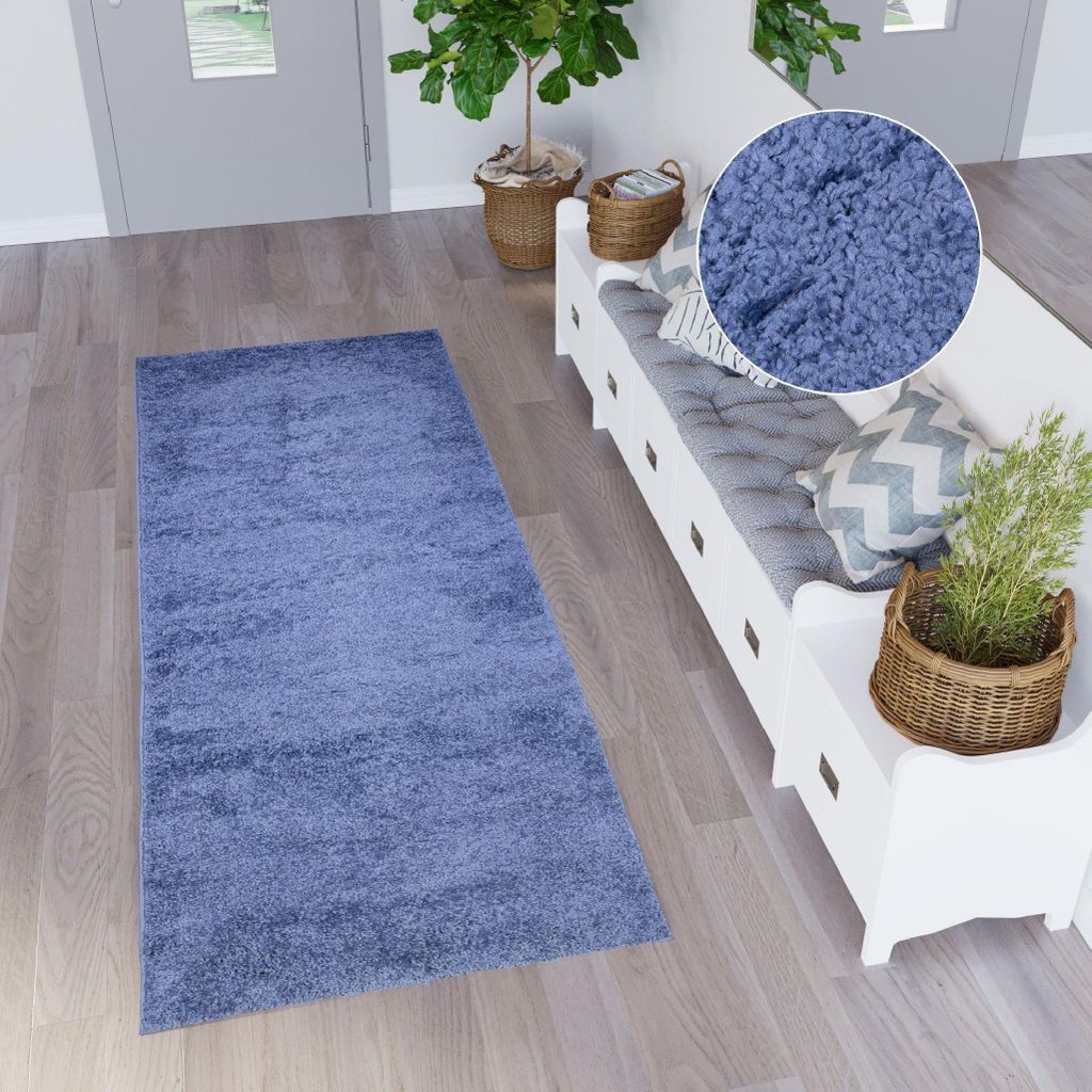 Läufer Shaggy Hochflor Langflor Blau Modern Wohnzimmer Schlafzimmer 120 x 140