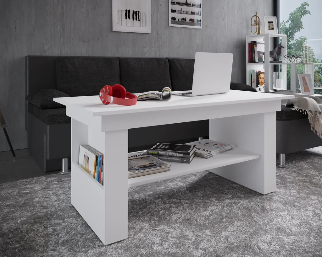 Kobila Table basse avec 1 rangement et 2 compartiments blanc moderne