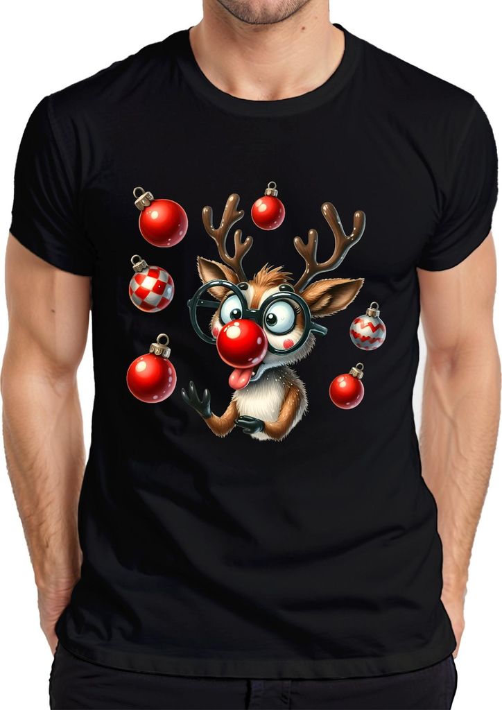 Rudolph Rentier rote Nase Brille Weihnachtskugeln lustig Geschenk Herren T-Shirt, Schwarz, XXL