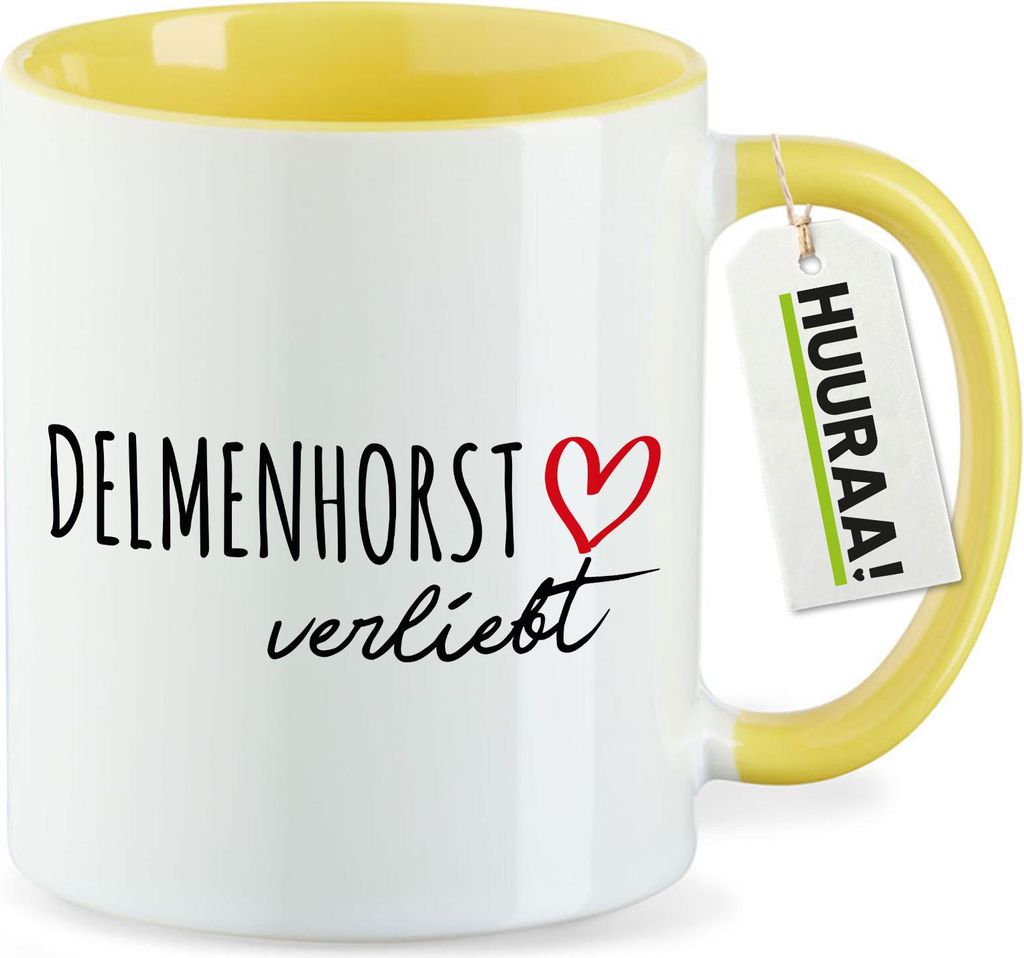 Huuraa Kaffeetasse Delmenhorst verliebt 330ml Gelb Keramik Kaffeebecher Geschenkidee