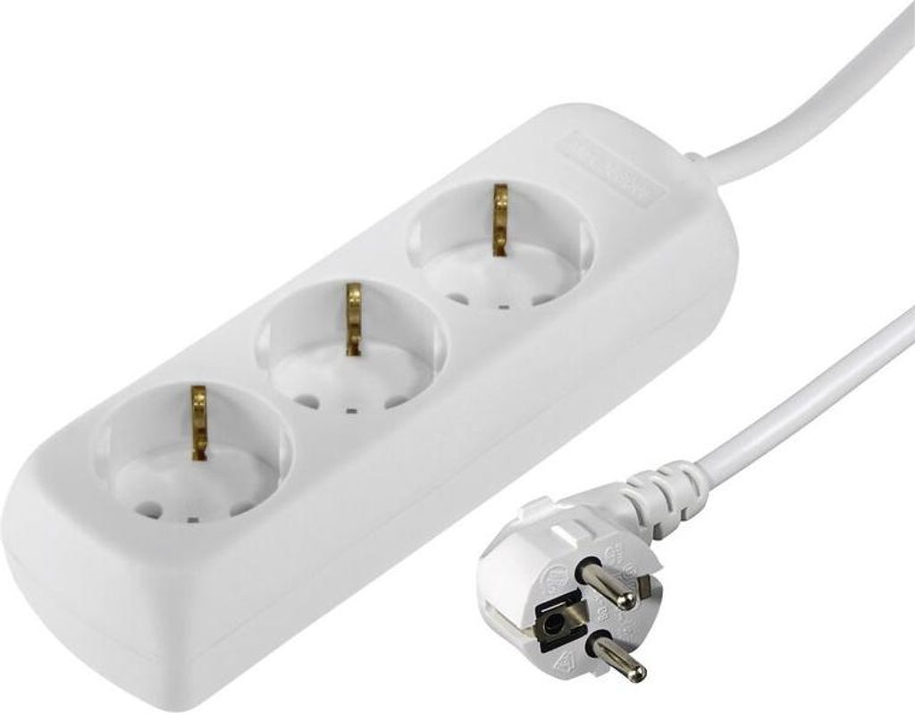 A white power strip with three outlets and a white plug and cord, shown against a white background.