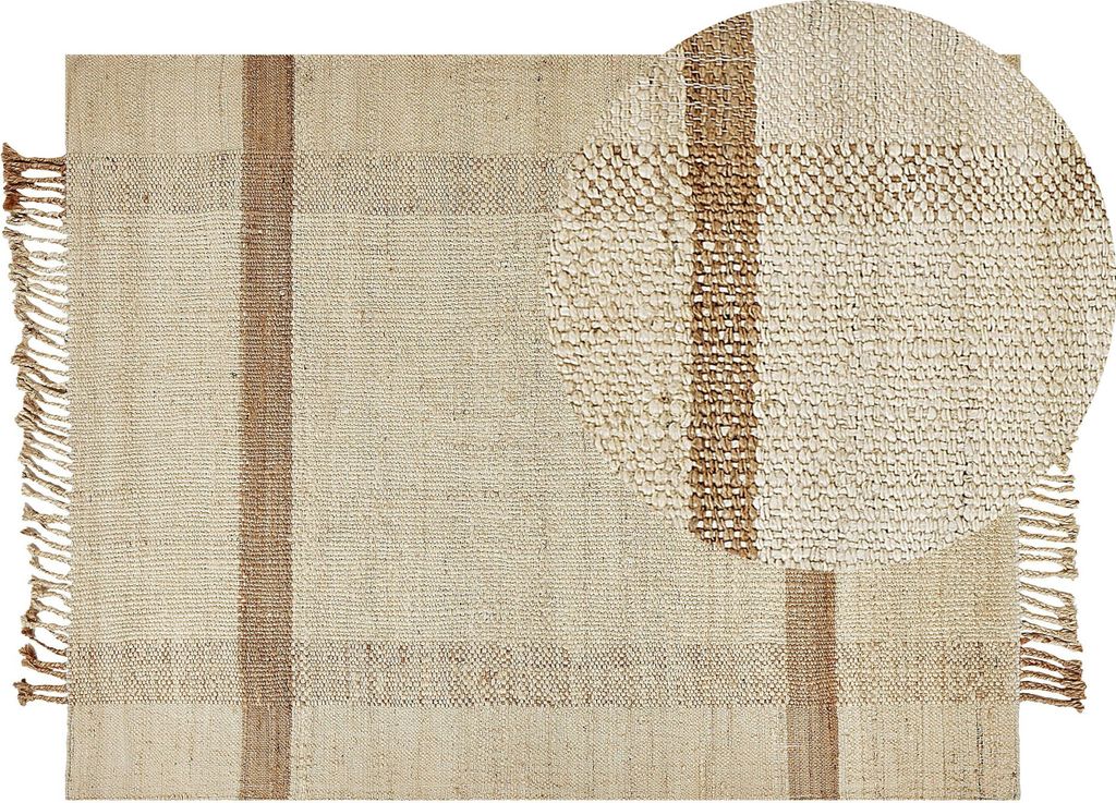 BELIANI Teppich Beige Jute 140 x 200 cm Rechteckig Natürlich Handgewebt Geometrisches Muster Kurzflor Fransen Boho Wohnzimmer Schlafzimmer Esszimmer