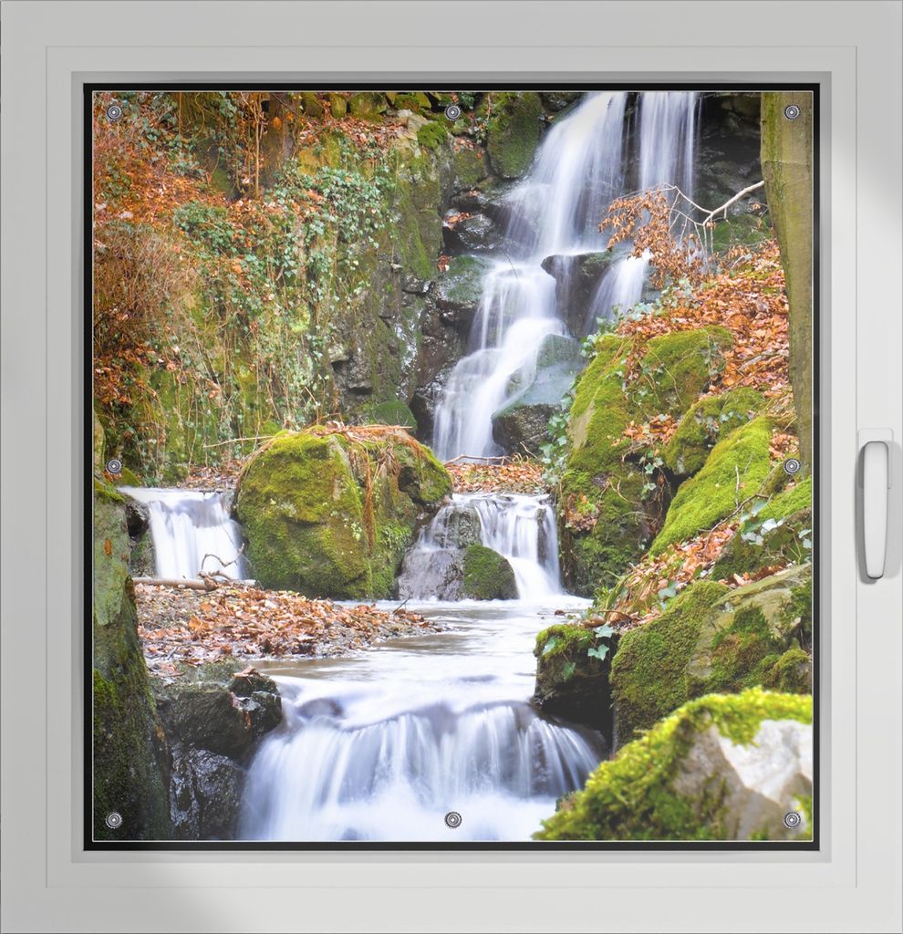 Wallario Lichtschutzbild, Dekorativer Sichtschutz Sonnenschutz 96 x 93 cm mit Motiv: Bach im Wald - Verdunklung ohne Bohren