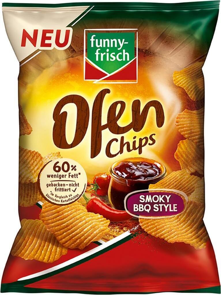A bag of funny-frisch Ofen Chips Smoky BBQ Style.
