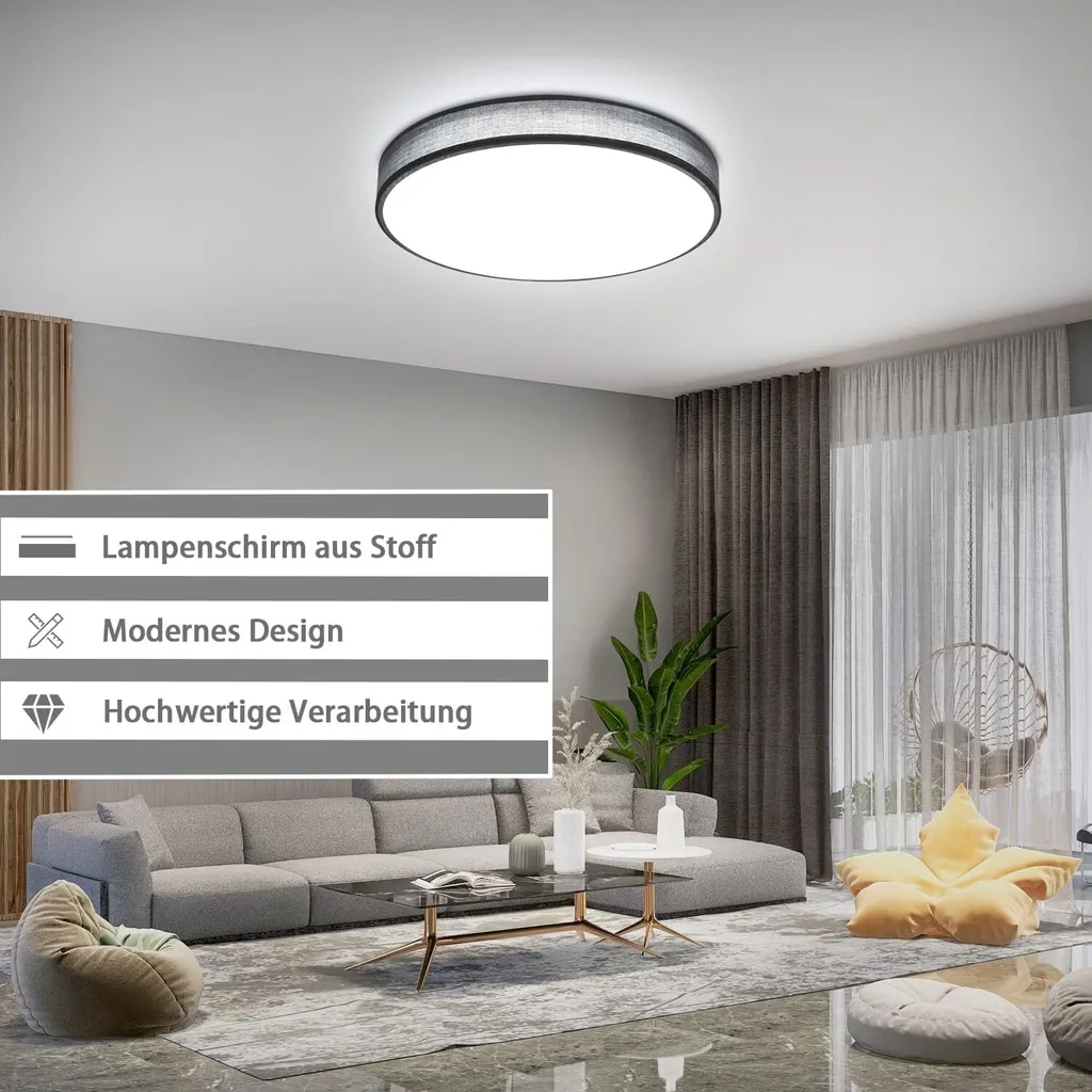 Luminaire Plafonnier Salon LED avec Abat-jour en Tissu Gris Anthracite