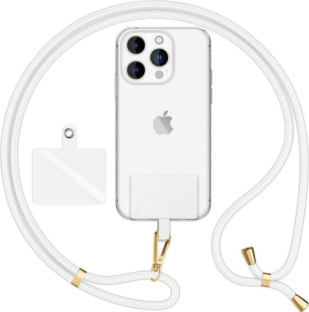 HoldMe Air Edition - Universal Lanyard mit 2 Pads & Karabinerhaken (gold) - 160cm Handyband zum Umhängen - Weiß