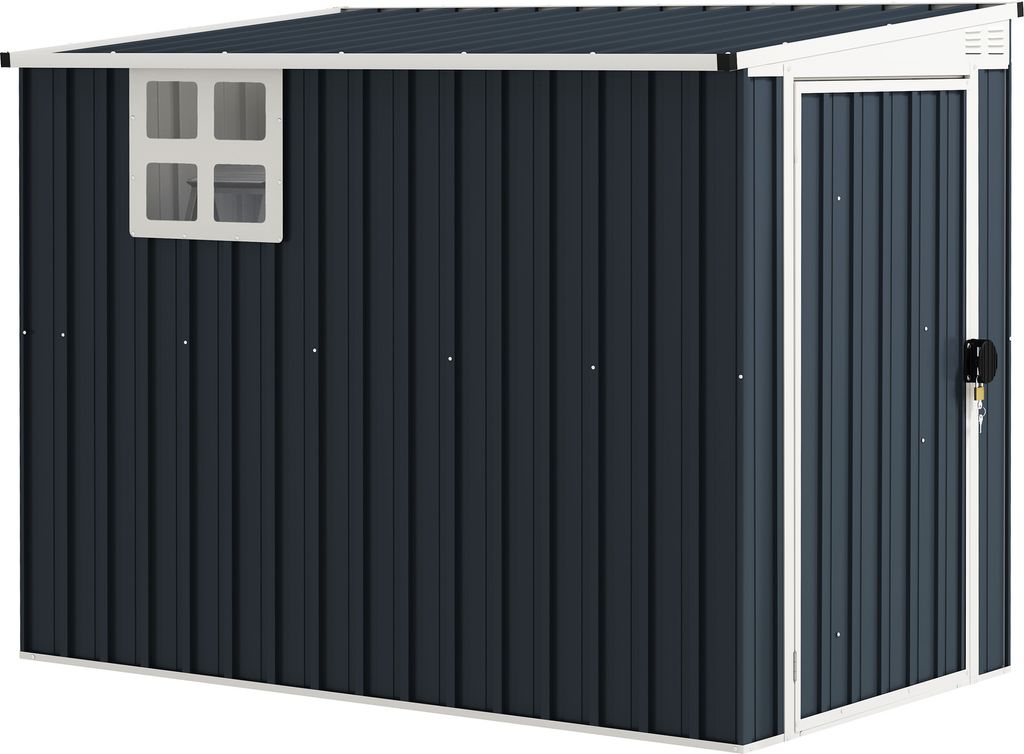 Outsunny Metall Gerätehaus 128x231x181cm Geräteschuppen mit Pultdach Fenster Abschließbarer Tür wetterfest Gartenhaus Dunkelgrau