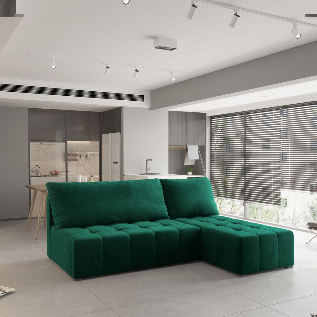 Masseno Ecksofa DOMIRA mit Schlaffunktion L-Form, Sofa mit Bettkasten, Wohnzimmersofa, Couch, Soffa, Bettsofa, Couchgarnitur- Grün, KRONOS 19