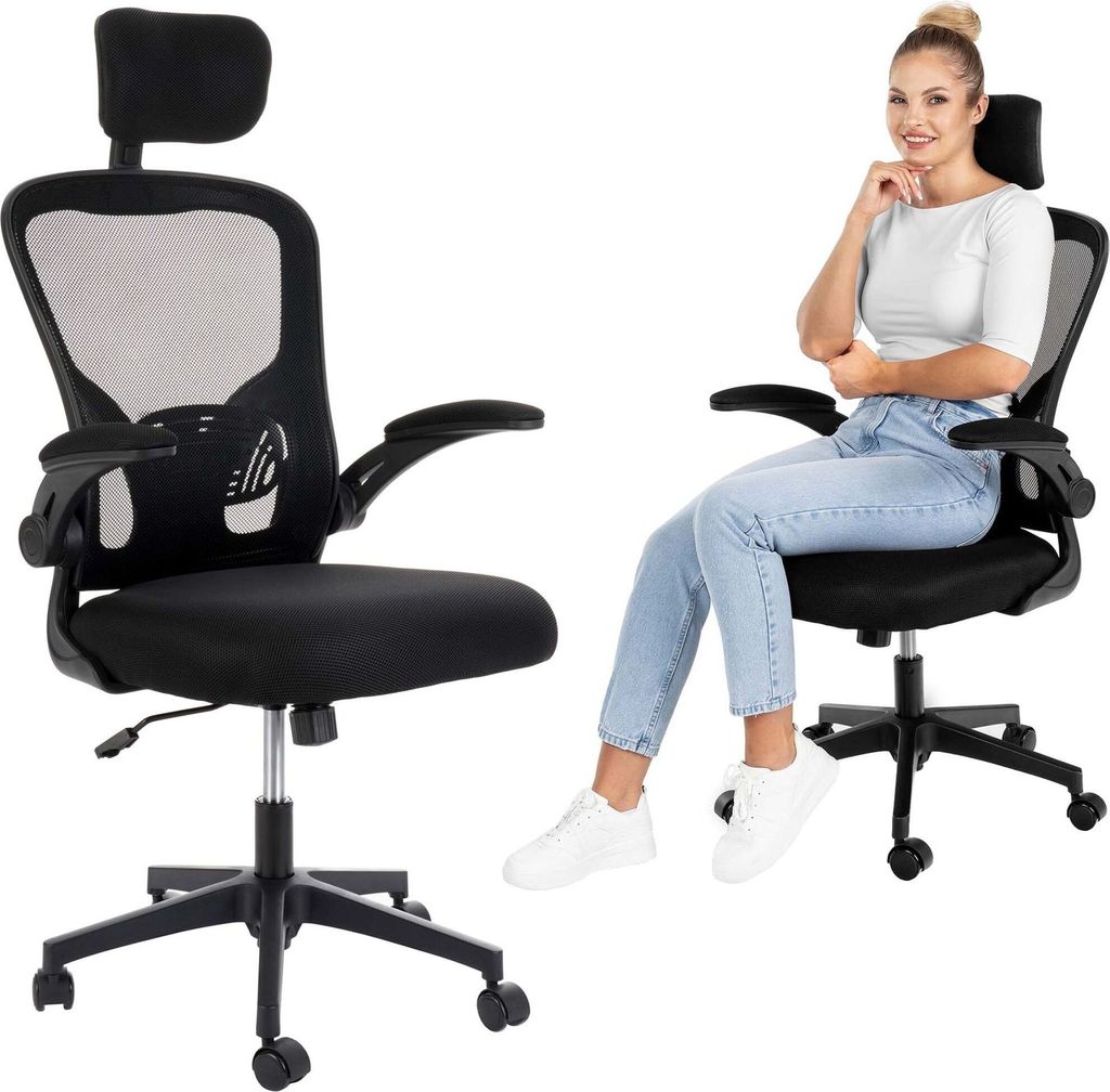 A black office chair is shown in two parts. On the left, the chair is shown from the front. On the right, a woman is sitting on the same chair.
