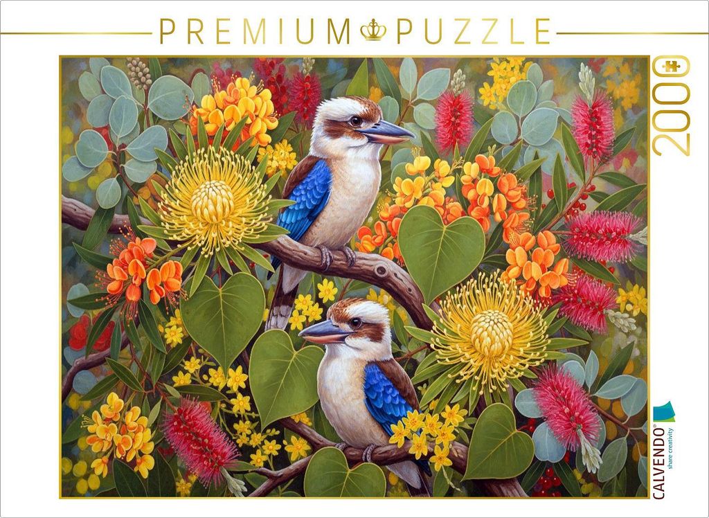 CALVENDO Puzzle Kookaburra zwischen Blüten ihrer Heimat | 2000 Teile Lege-Größe 90x67cm Foto-Puzzle für glückliche Stunden