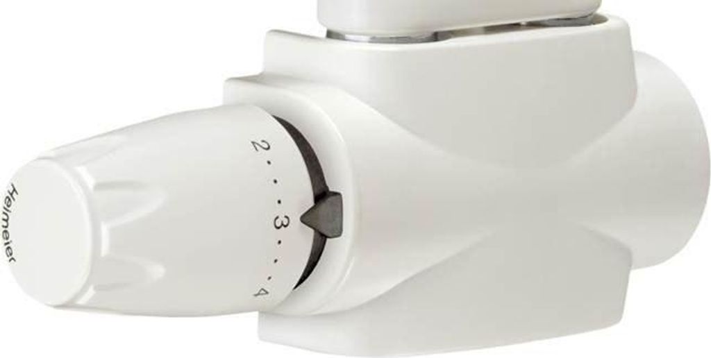 A close-up, studio shot of a white thermostatic radiator valve.