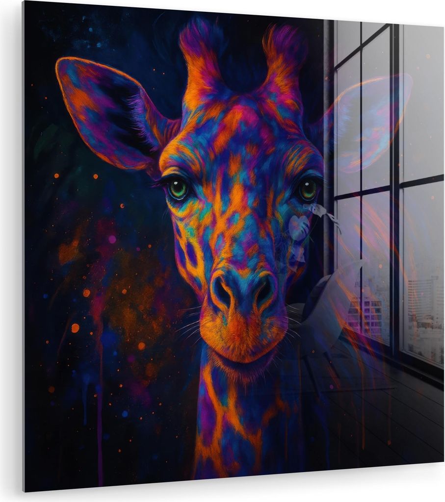MuchoWow Glasbilder - Bilder auf Wandbild - Foto auf Glas Giraffe - Farbig - Farbspritzer 30x30 cm Wanddekoration aus Glas - Acrylglasbild - Acrylb...