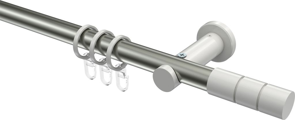 Interdeco Gardinenstange / Vorhangstange Edelstahl-Optik / Weiß, Typ Platon Elanto (Rillenzylinder), 20 mm Ø 1-läufig, 480 cm