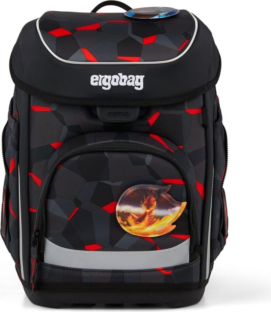 A black and red patterned ergobag school backpack with a fiery horse patch on the front pocket.