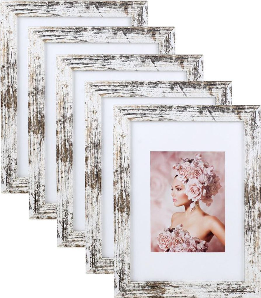 Pack Set Holz Bilderrahmen Foto Plexi Rahmen Acryl Collage Wanddeko Poster S215 - Farbe: Shabby-Weiß | Format: 21x29,7 DIN A4 | Pack: 5