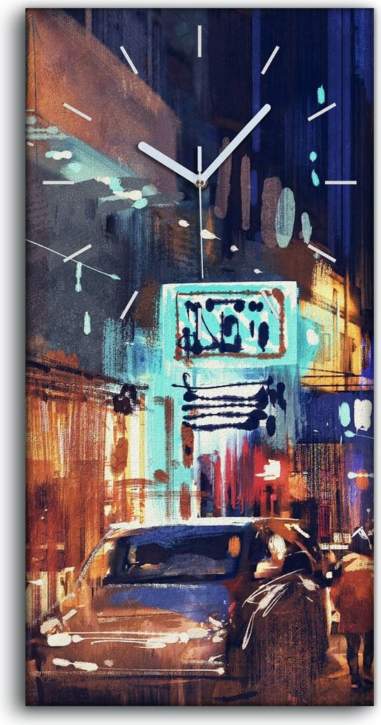 Wandbild Leinwand Bilder Wanduhr 30x60 Bild Stadt Straße Gebäude Baum Nacht - weiße Hände