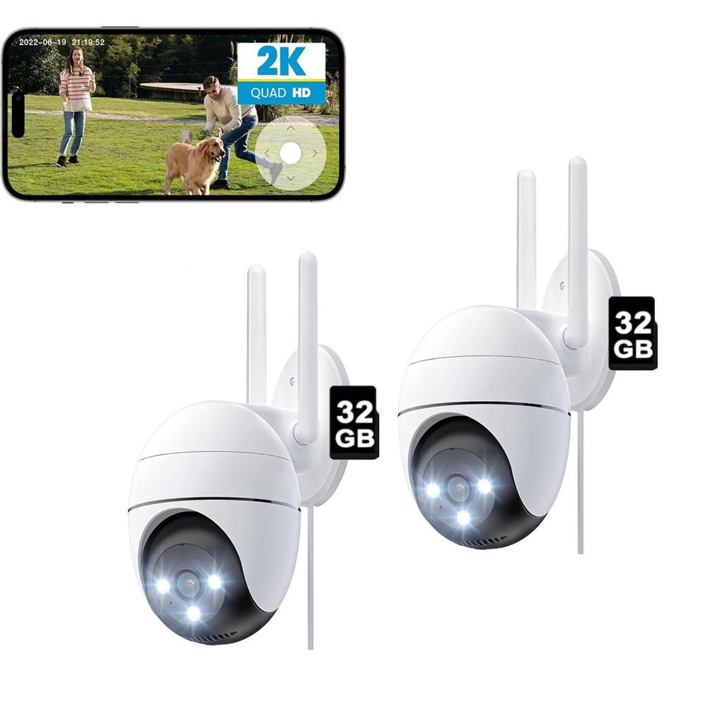2 Stück Überwachungskamera, 5MP Ultra HD mit Akku, 355°/120°, PIR Bewegungserkennung, 15m Farbnachtsicht, 2-Wege-Audio 32GB