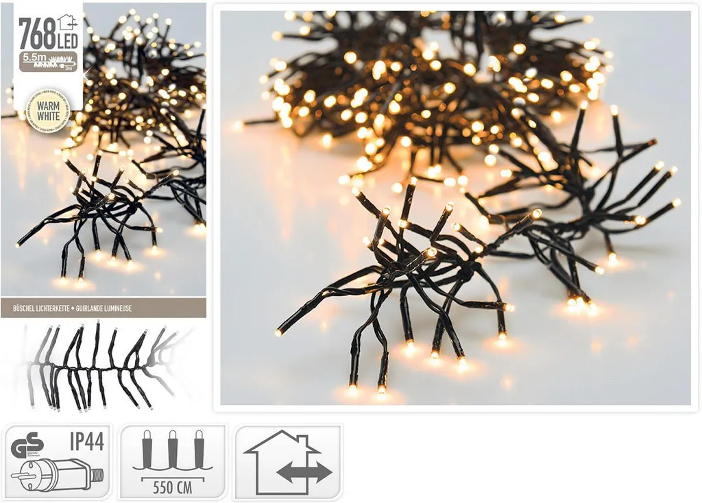 Éclairage de Noël dense Guirlande 768 LED Cluster blanc chaud 5,5m IP44