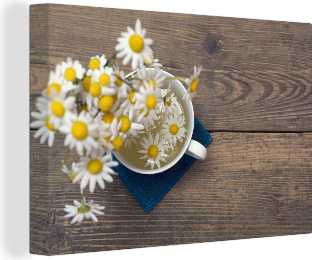 OneMillionCanvasses - Leinwandbilder - 140x90 cm, Kamille in Tasse, Wandbilder Kunstdruck Wanddekoration - Foto auf Leinwand - Gemälde auf Holzr...