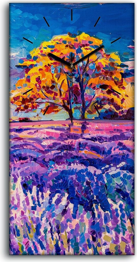 Dekor Leinwand Uhr Wandbilder Kunstdruck 30x60 Sonnenuntergang über Lavendelfeld - schwarze Hände