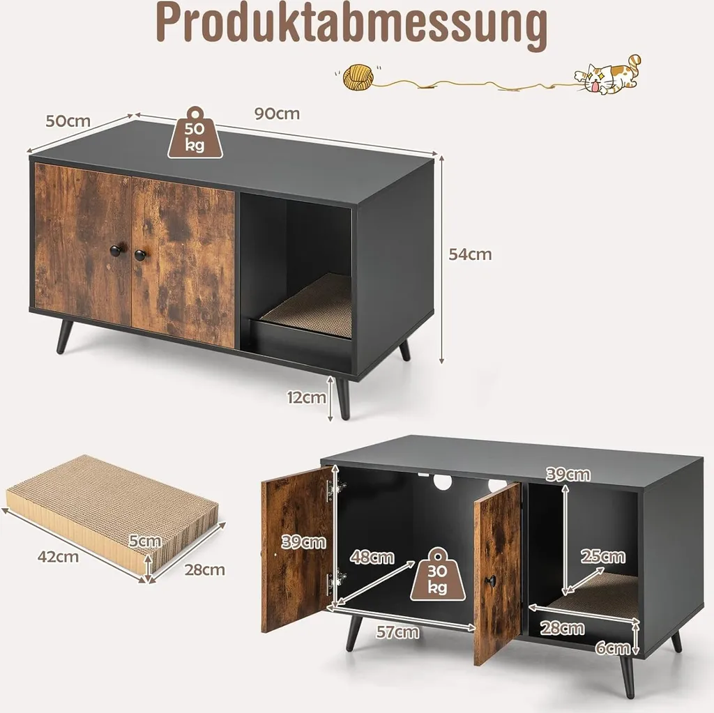 Table d'Appoint et Cache Litière pour Chat : Meuble Bois 90x50x54 cm