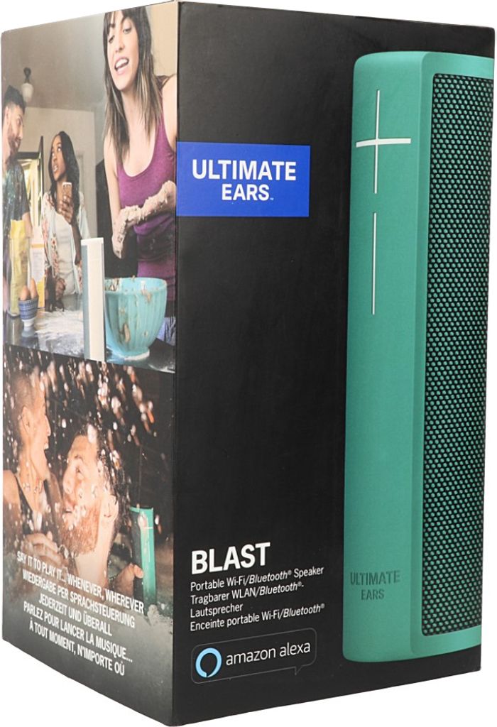 The image shows the retail packaging of a teal colored Ultimate Ears Blast portable speaker.