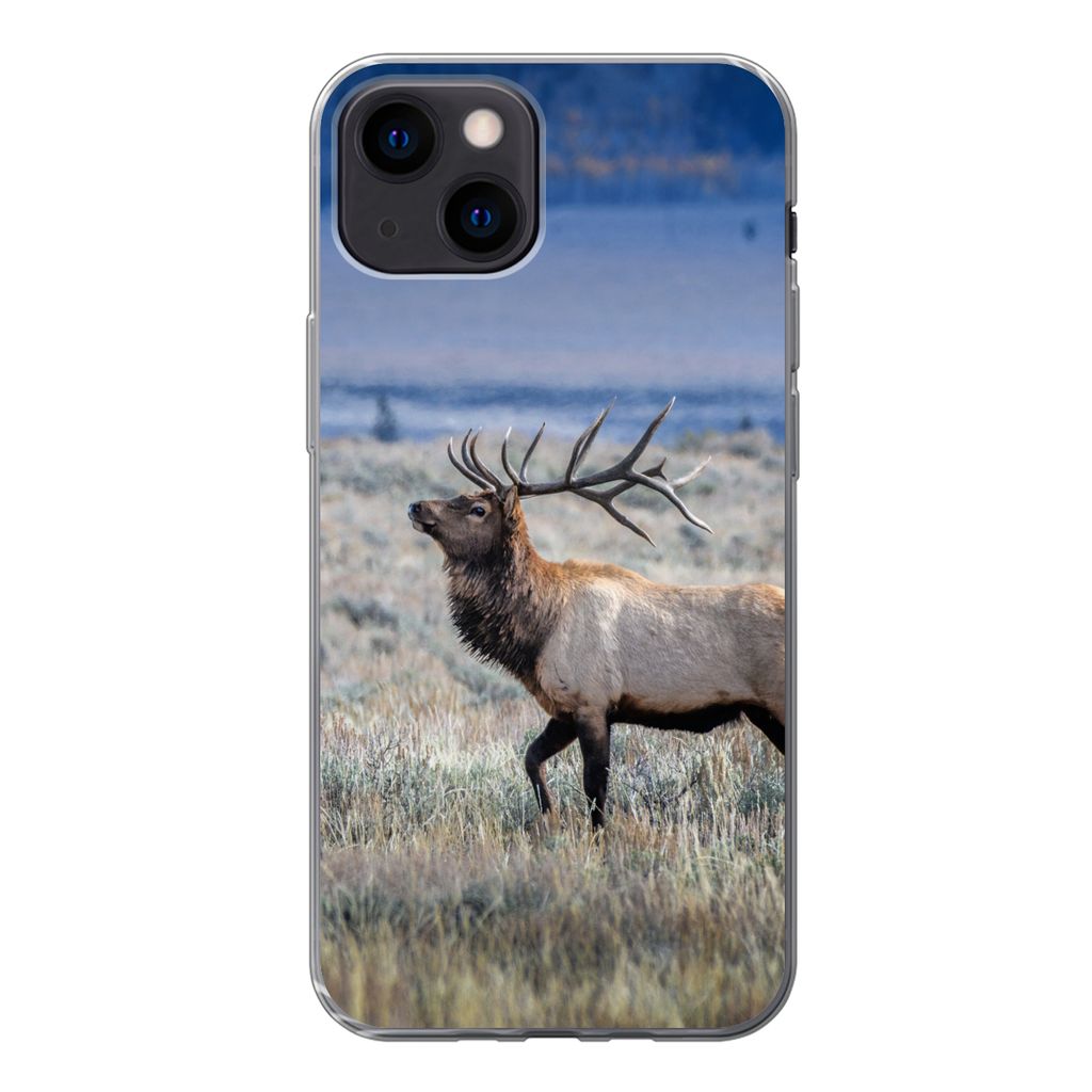 MuchoWow Handyhülle Schutzhülle Hülle für iPhone 13 mini Hirsche - Elche - Gras Silikon Softcase Handy Hülle - Softcase