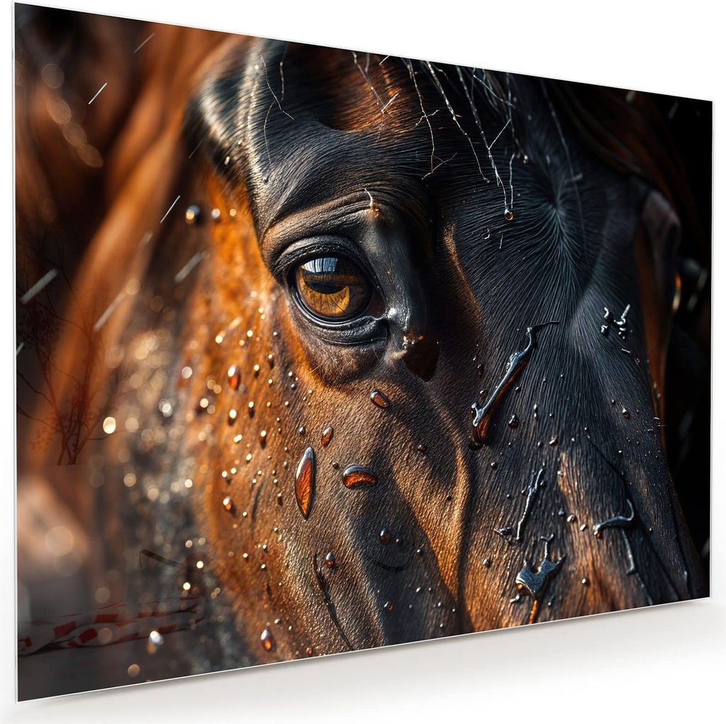 Glasbild 120x90cm in XXL für Wohnzimmer, Schlafzimmer Motiv Pferdeauge im Regen